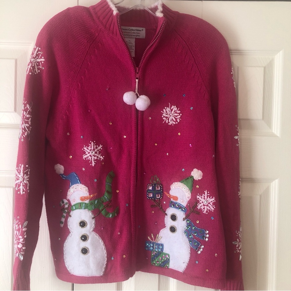 Heirloom Collectibles Size XL Pink Snowman Zipper Cardigan